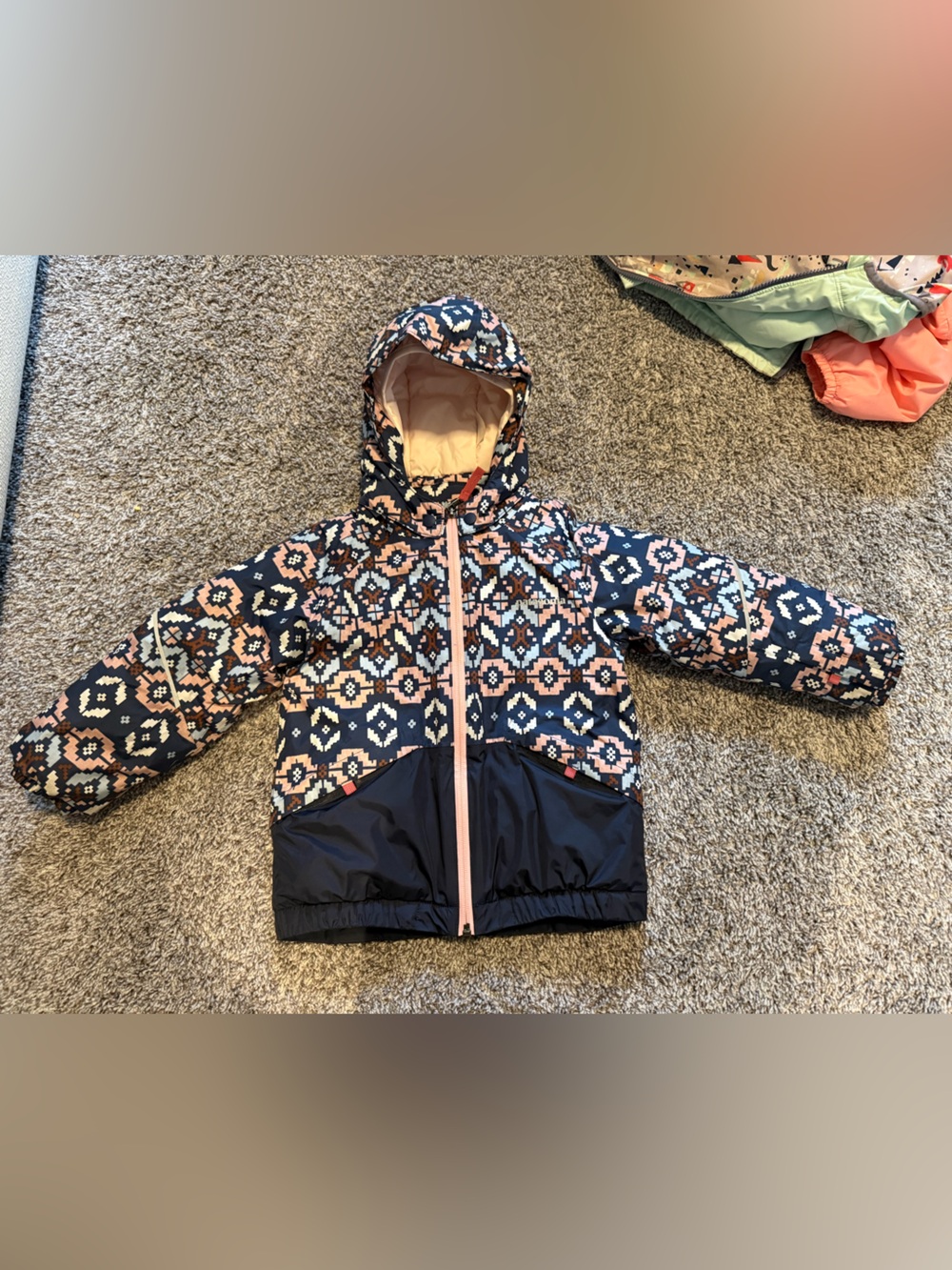 Patagonia Girls' Navy, Pink and Cream Patterned Hooded Puffer Jacket